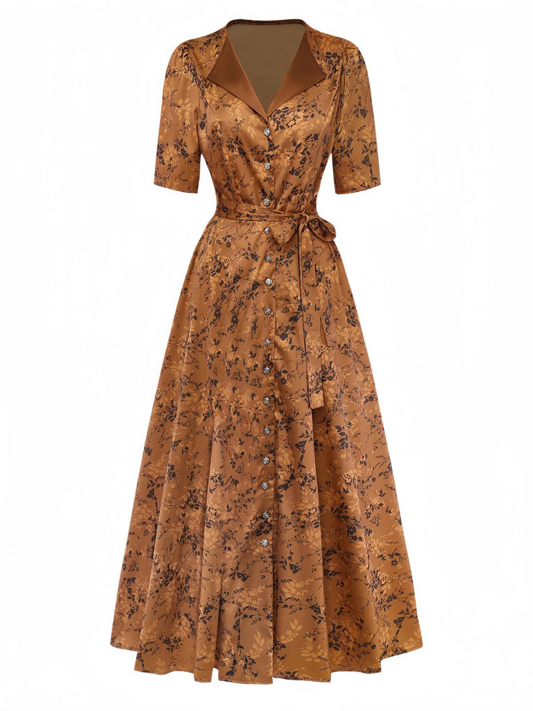 Brown 1930s Ditsy Floral Lapel Maxi Dress - vintage dress, retro fashion