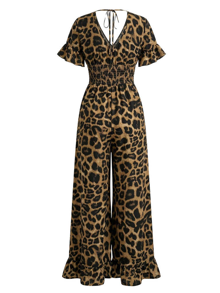 Brown 1930s Leopard Ruffled V-Neck Empire Waist Jumpsuit | vintage romper, retro jumpsuit, playful style - perfect for retro fashion enthusiasts