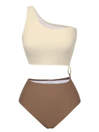She's wearing Brown 1930s Metal Button One-Shoulder Swimsuit and the whole beach remembers the 1930s