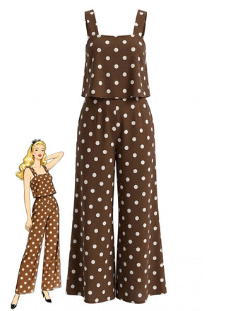 Brown-1930s-Polka-Dot-Wide-Strap-Wide-Leg-Jumpsuit, vintage, retro, romper