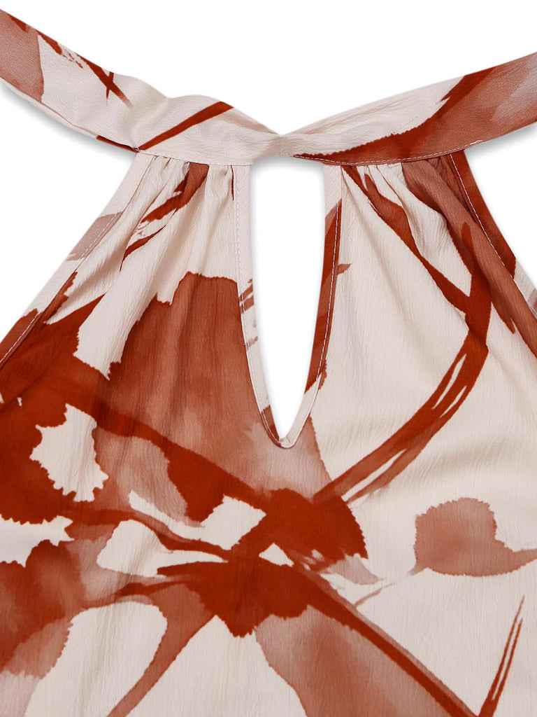 Brown 1930s Sleeveless Halter Abstract Floral Print Jumpsuit, vintage romper, retro jumpsuit - perfect for women who love vintage and retro fashion