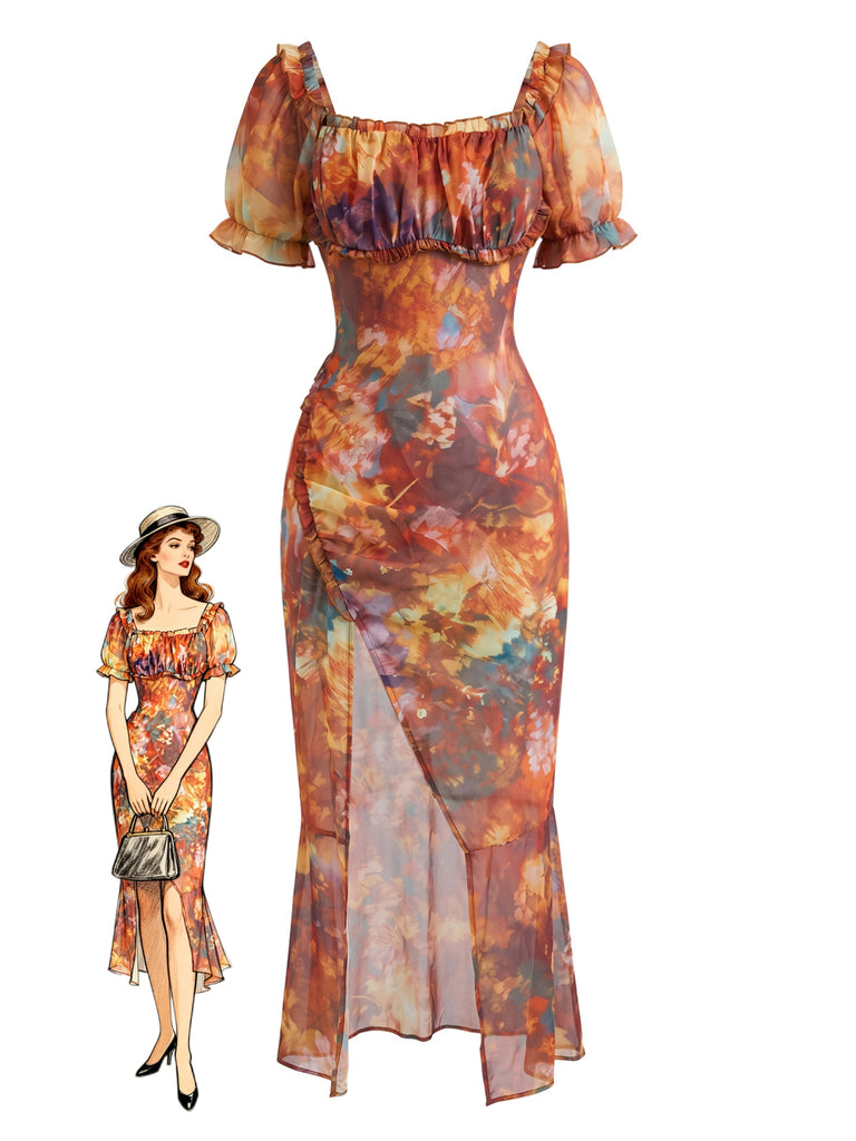 Light Brown 1930s Floral Square Neck Dress