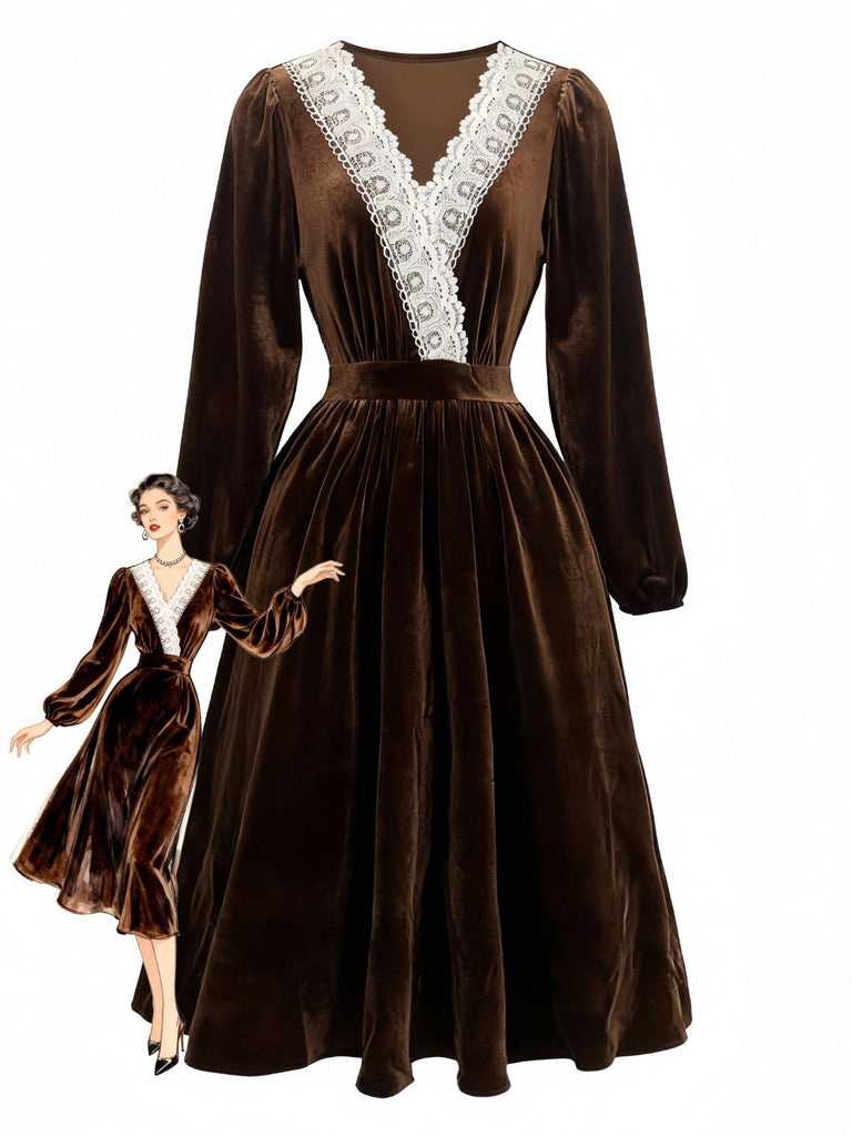 Brown 1940s Solid Lace Patchwork Velvet Dress - vintage dress, retro fashion