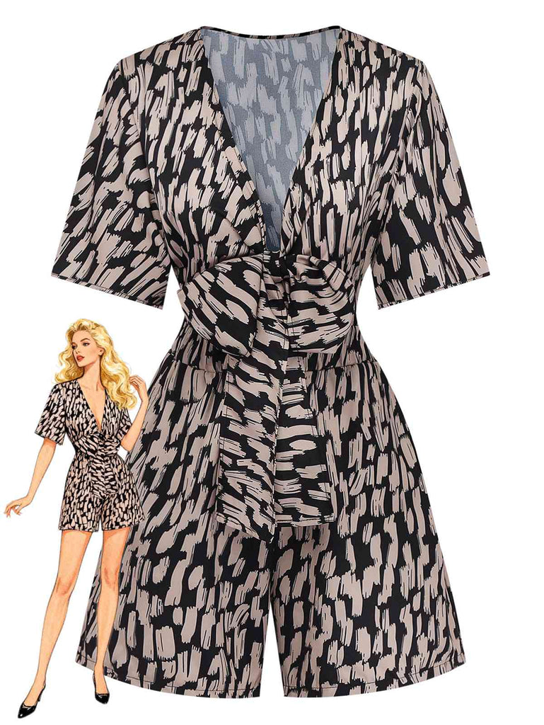 Brown 1940s V-Neck Leopard Satin Bind Romper - vintage jumpsuit, retro fashion