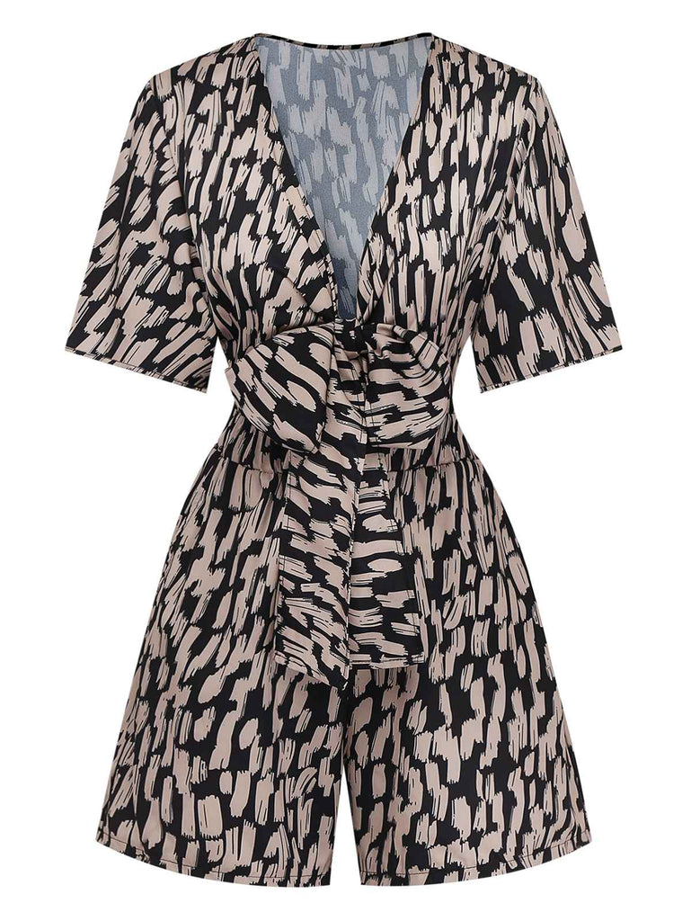 Brown 1940s V-Neck Leopard Satin Bind Romper - vintage jumpsuit, retro fashion