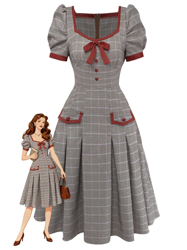 Brown 1950s Bow Houndstooth Pleated Dress - vintage dress, retro fashion, rockabilly