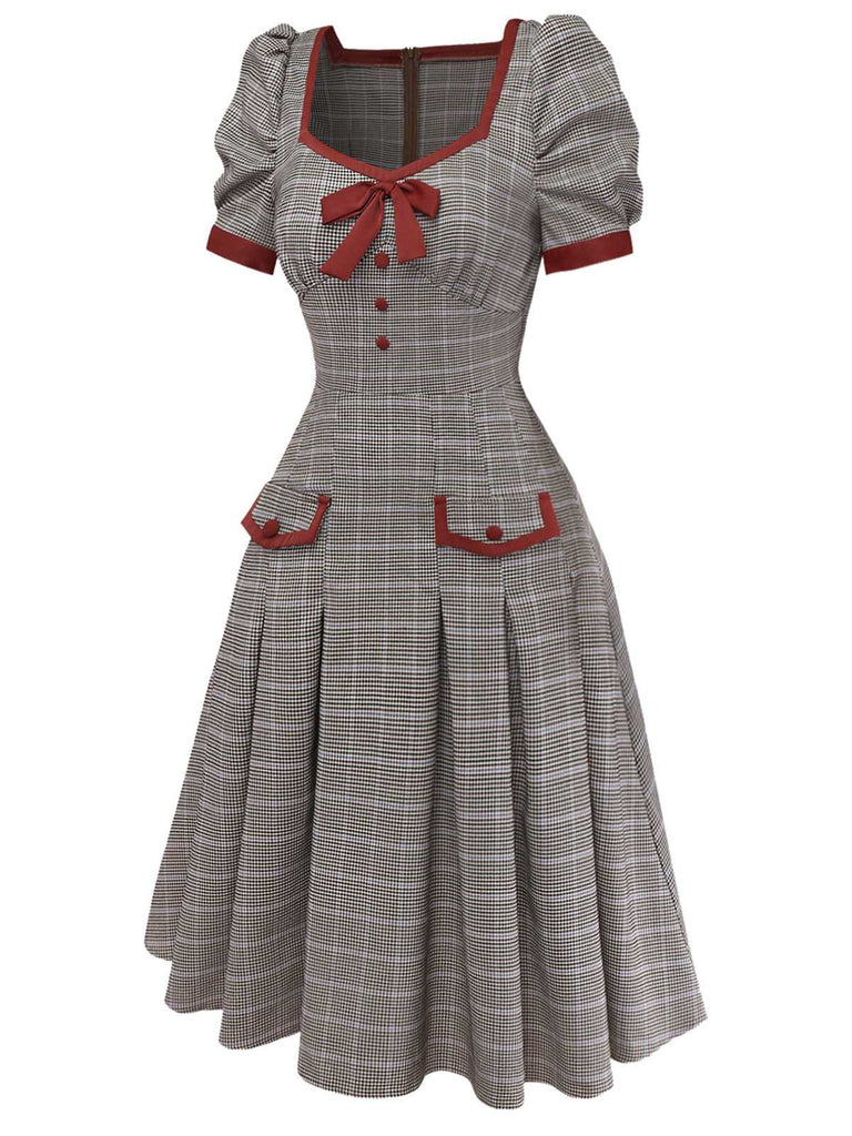 Brown 1950s Bow Houndstooth Pleated Dress - vintage dress, retro fashion, rockabilly