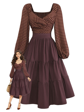 Brown 1950s Gingham Lace-Up Backless Tiered Dress - vintage dress, retro fashion, rockabilly