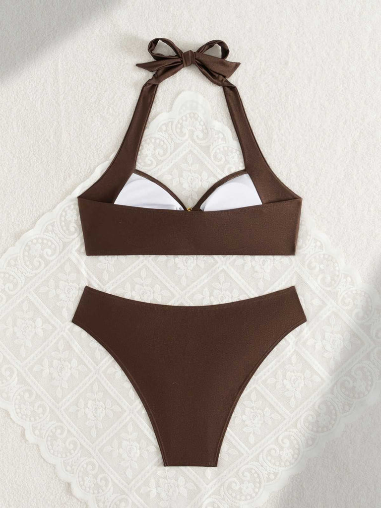 Brown 1950s Golden Ring Halter Bikini Set - vintage fashion, retro style, glamorous gold