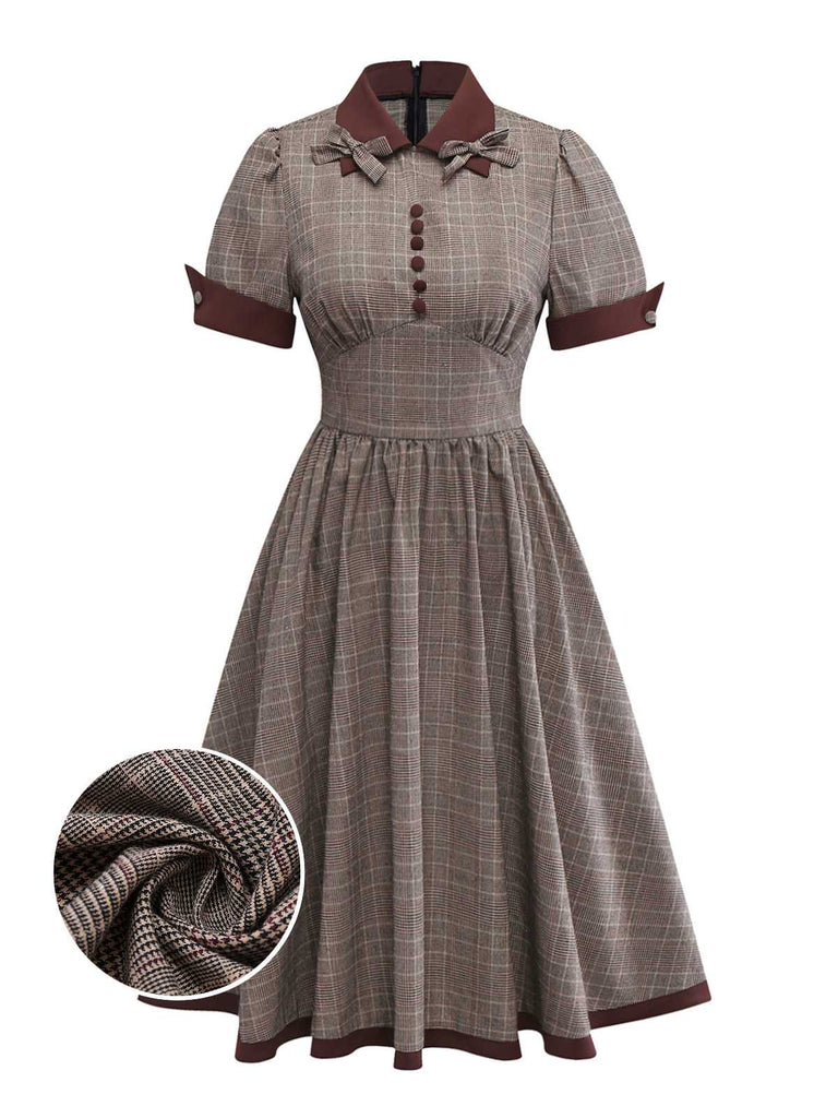 Brown 1950s Lapel Plaid Bow Dress - vintage dress, retro fashion, rockabilly
