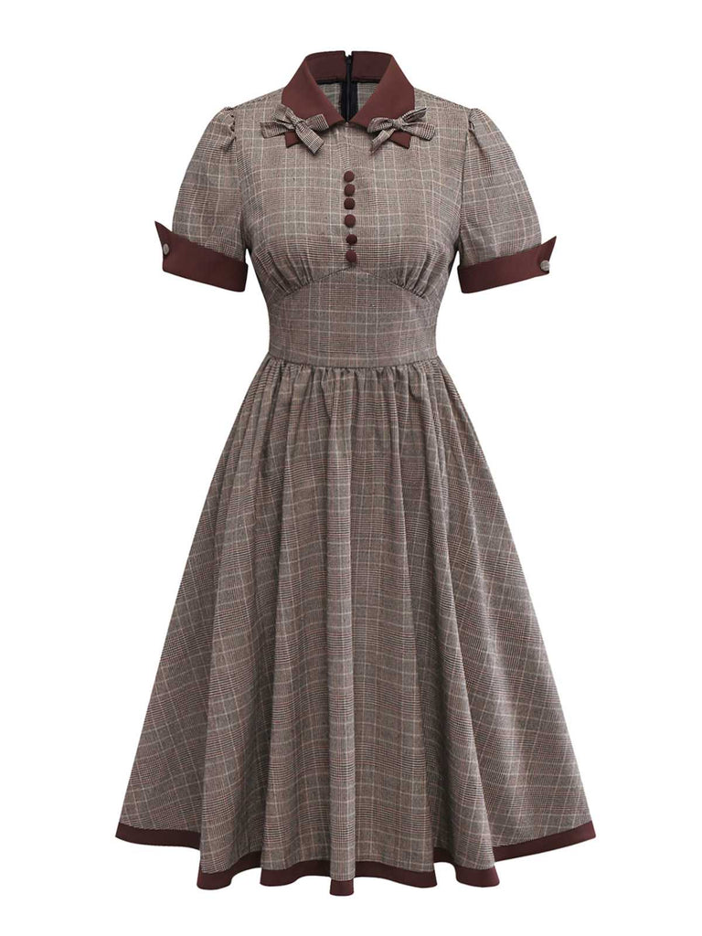 Brown 1950s Lapel Plaid Bow Dress - vintage dress, retro fashion, rockabilly