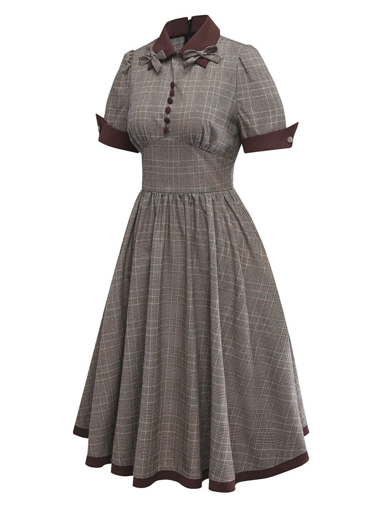 Brown 1950s Lapel Plaid Bow Dress - vintage dress, retro fashion, rockabilly