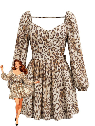 Brown 1950s Leopard Backless Long Sleeve Square Neck Dress, vintage dress, retro fashion, rockabilly, pin-up fashion - perfect for women who love vintage and retro fashion