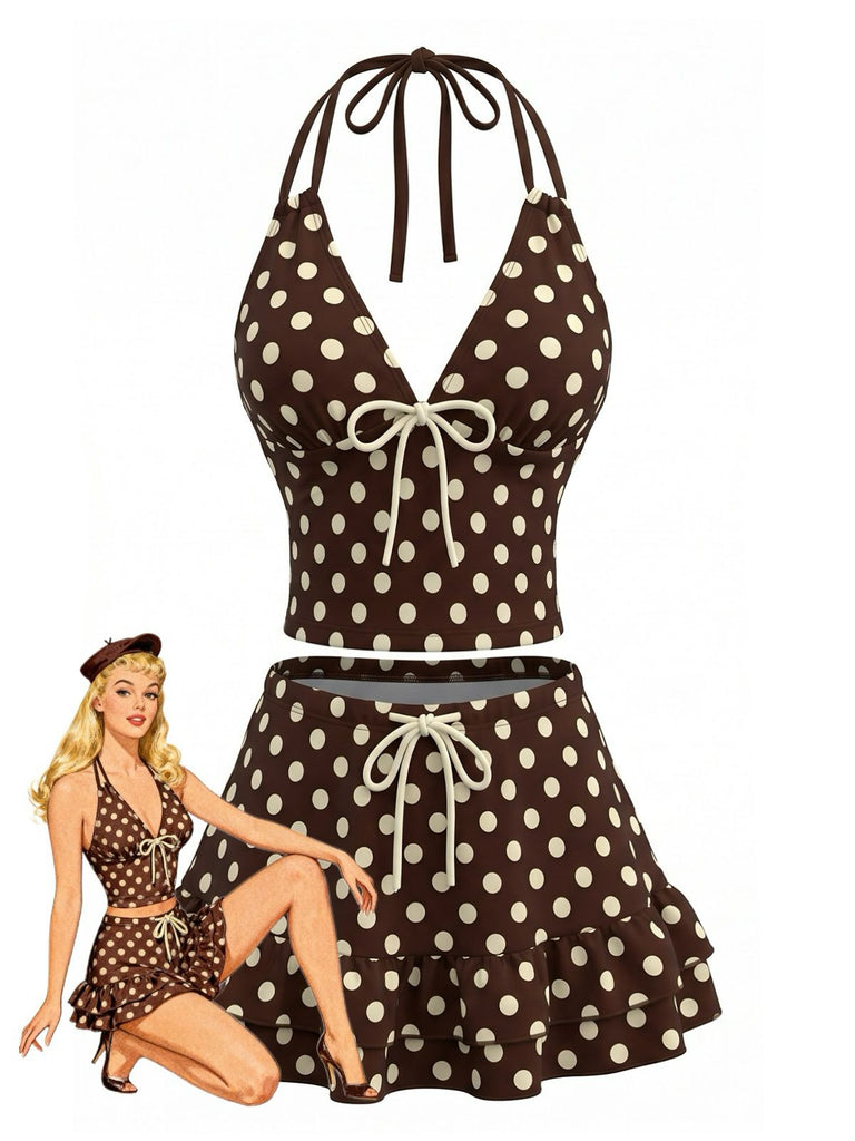 Brown-1950s-Polka-Dot-Halter-Ruffle-Swimsuit, vintage, retro, swimwear