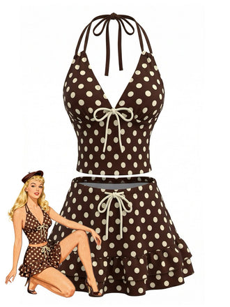 Brown-1950s-Polka-Dot-Halter-Ruffle-Swimsuit, vintage, retro, swimwear