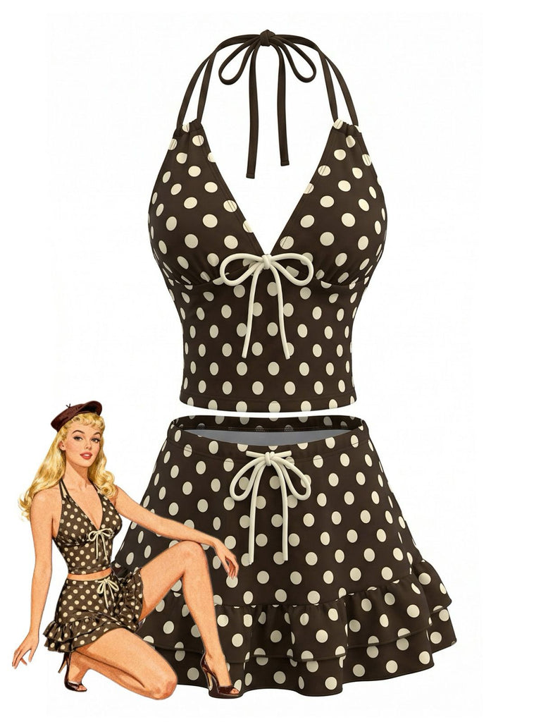 Brown 1950s Polka Dot Halter Ruffle Swimsuit, vintage swimsuit, pin-up swimwear - perfect for women who love vintage and retro fashion