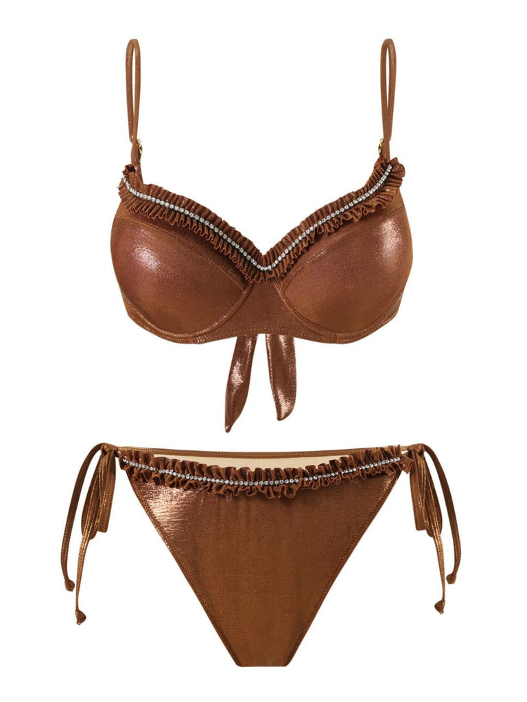She's wearing Brown 1950s Shiny Rhinestones Headed Ruffle Bikini Set and the whole beach remembers the 1950s