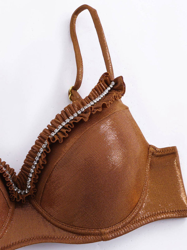 This Brown 1950s Shiny Rhinestones Headed Ruffle Bikini Set carries 1950s vacation dreams in every stitch