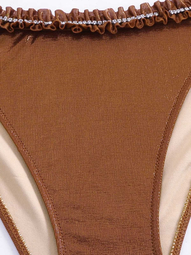 Brown 1950s Shiny Rhinestones Headed Ruffle Bikini Set — because 1950s glamour never goes out of style