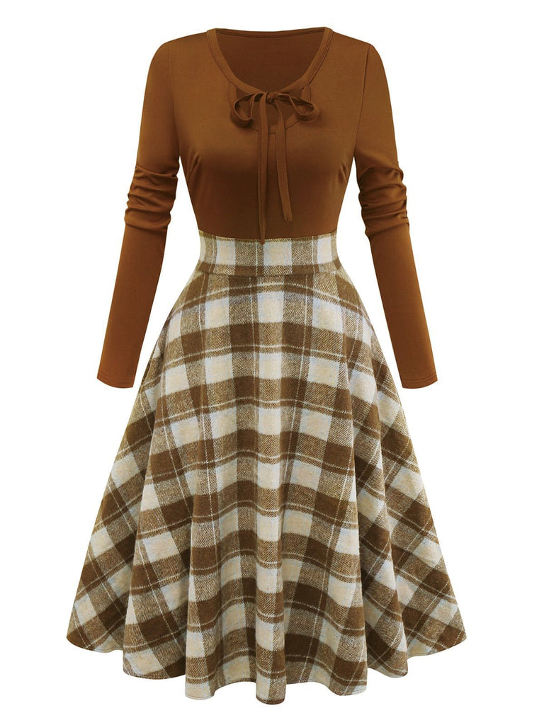 Brown 1950s Tie-Neck Knit Plaid Dress - vintage dress, retro fashion, rockabilly