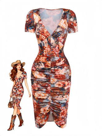 Light Brown 1960s Floral V Neck Dress 2