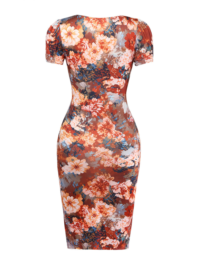 Light Brown 1960s Floral V Neck Dress 3