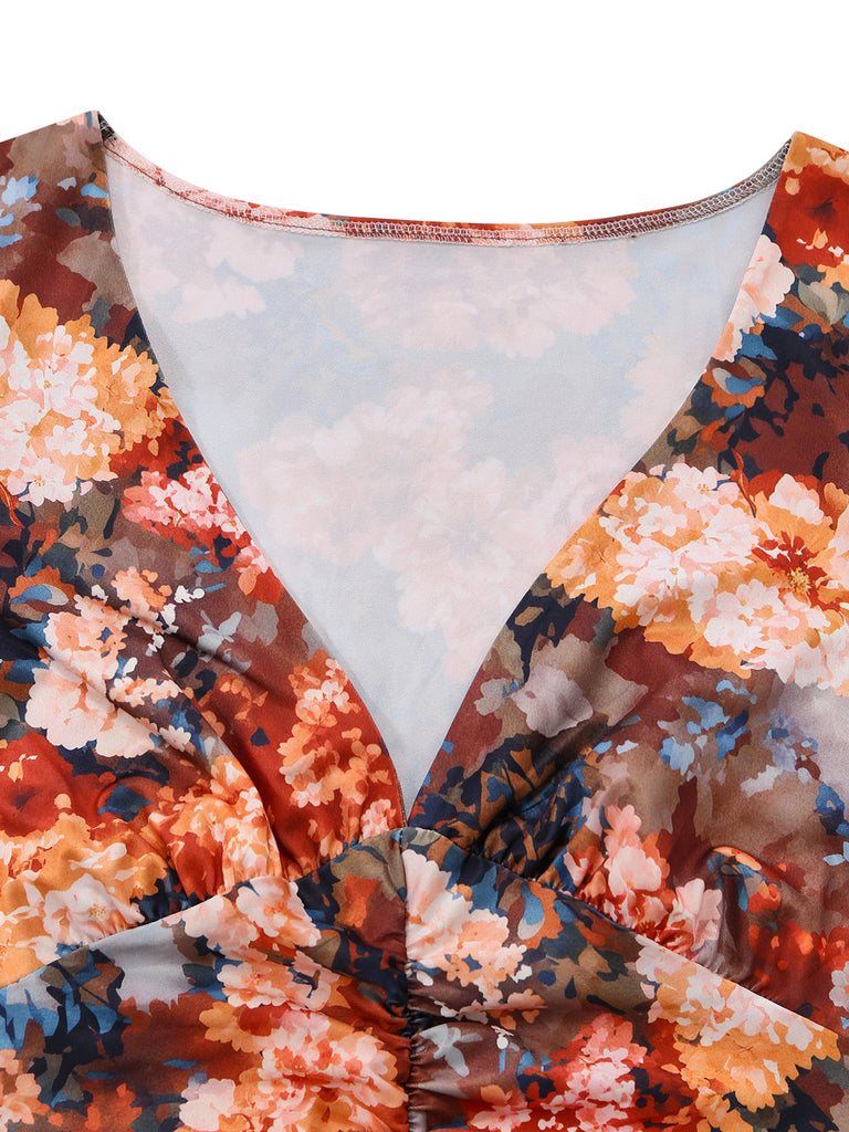 Light Brown 1960s Floral V Neck Dress 4