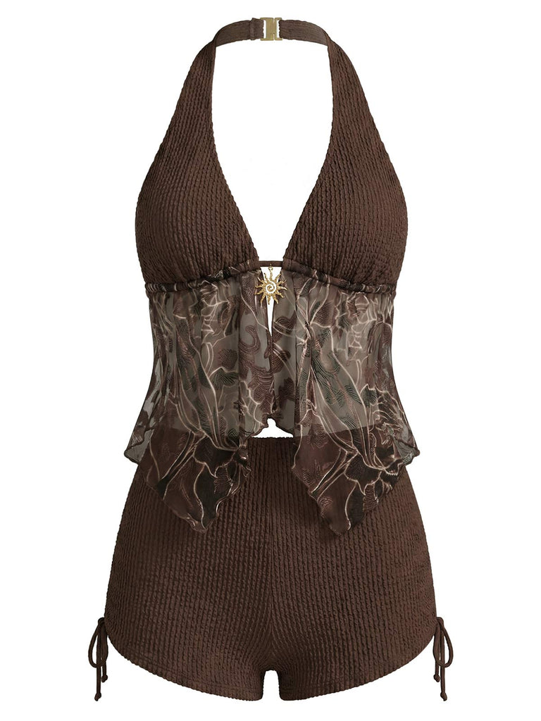 Brown-1960s-Halter-Sheer-Embroidered-Mesh-Tankini-Set, vintage, retro, swimwear