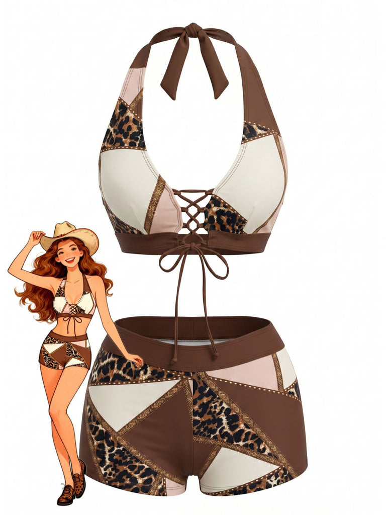 Brown 1960s Leopard Western Tankini Swimsuit, vintage swimsuit, pin-up swimwear - perfect for women who love vintage and retro fashion