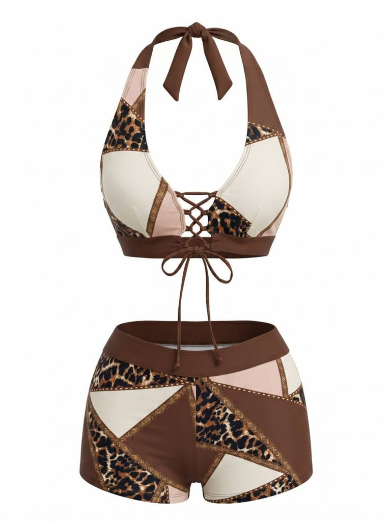 Brown 1960s Leopard Western Tankini Swimsuit, vintage swimsuit, pin-up swimwear - perfect for women who love vintage and retro fashion