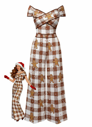 Brown 1960s Off-Shoulder Gingerbread Jumpsuit - vintage jumpsuit, retro fashion