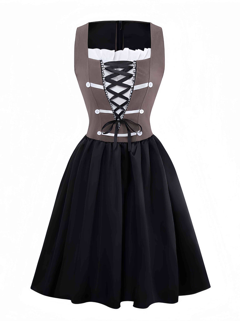 Brown 1960s Pirate Lace-Up Square-Neck Corset Dress - vintage dress, retro fashion