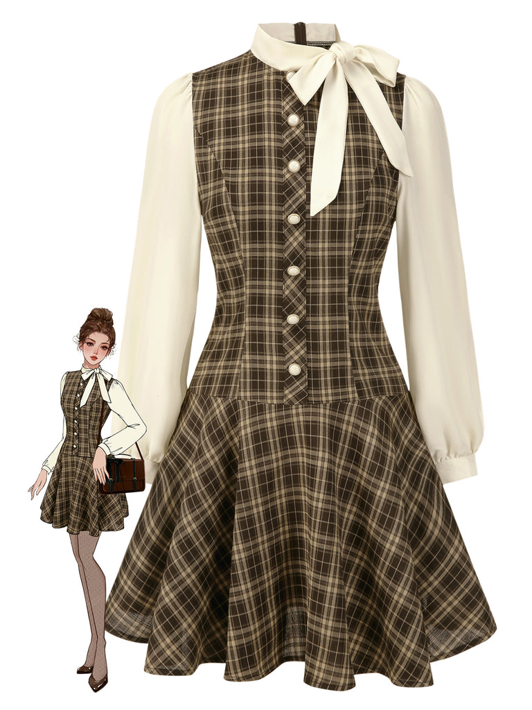 Brown 1960s Plaid Bow Tie Button Swing Dress - vintage dress, retro fashion, rockabilly