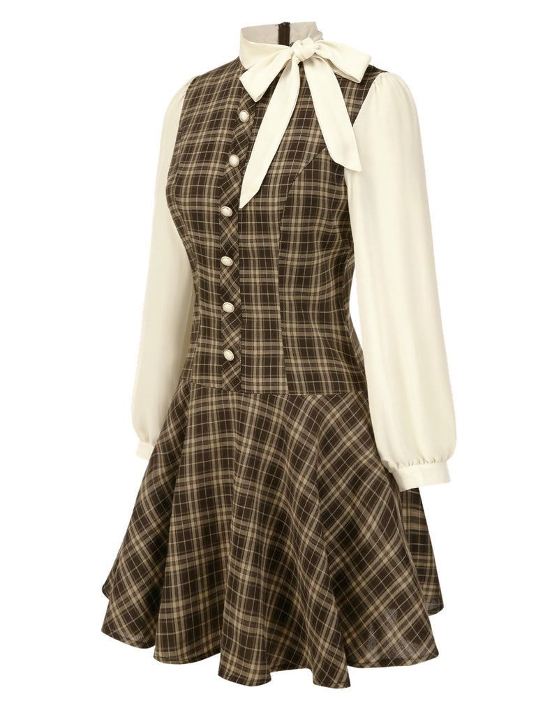 Brown 1960s Plaid Bow Tie Button Swing Dress, vintage dress, retro fashion, rockabilly, pin-up fashion - perfect for women who love vintage and retro fashion