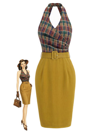 [Pre-Sale] Brown 1960s Plaid Halter V-Neck Backless Pencil Dress, vintage dress, retro fashion - perfect for women who love vintage and retro fashion
