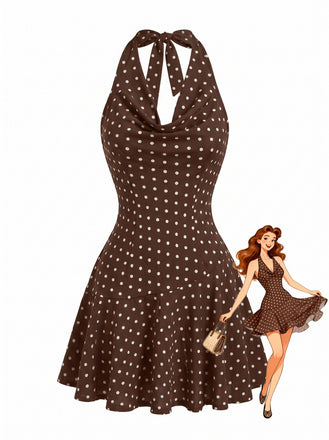 Dark Brown 1960s Polka Dot Halter Backless Dress, vintage dress, retro fashion - perfect for women who love vintage and retro fashion