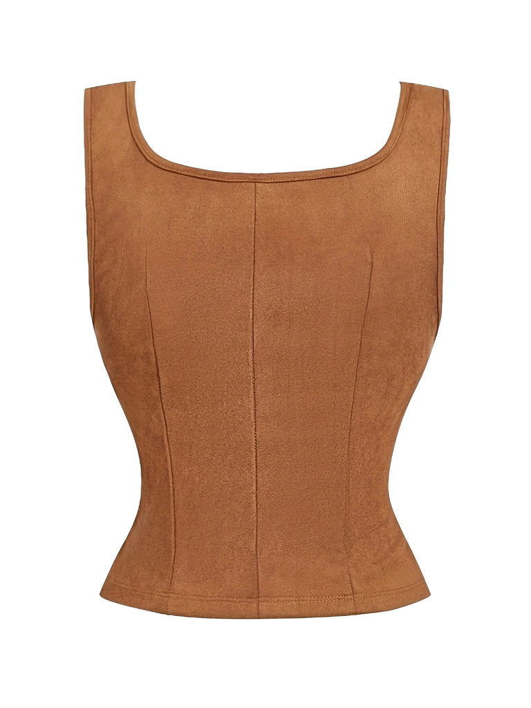 Light Brown 1950s Floral Square Neck Top 2