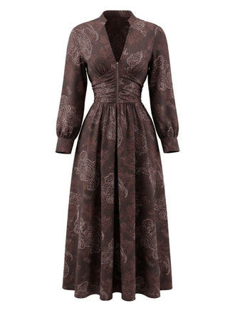Brown 1970s Boho Paisley Stand V-Neck Smocked Dress - vintage dress, retro fashion