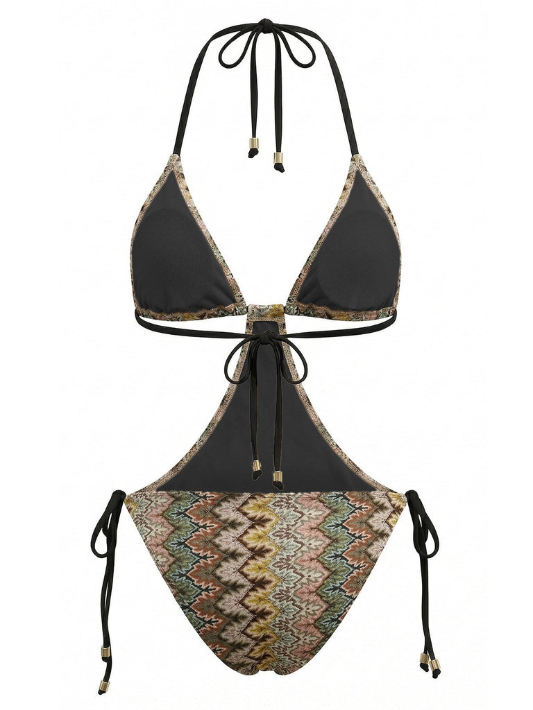 Brown 1970s Boho Chevron Print Ruched One-Piece Swimsuit - vintage swimsuit, pin-up swimwear for vintage lovers