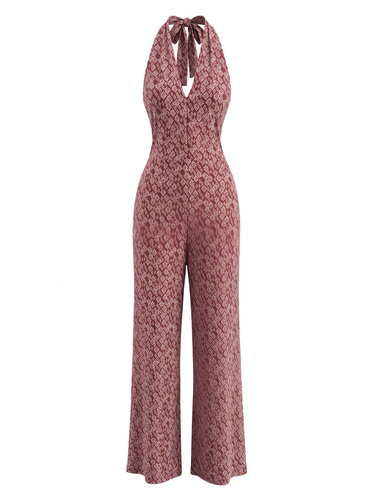 Brown 1970s Floral V Neck Jumpsuit 2