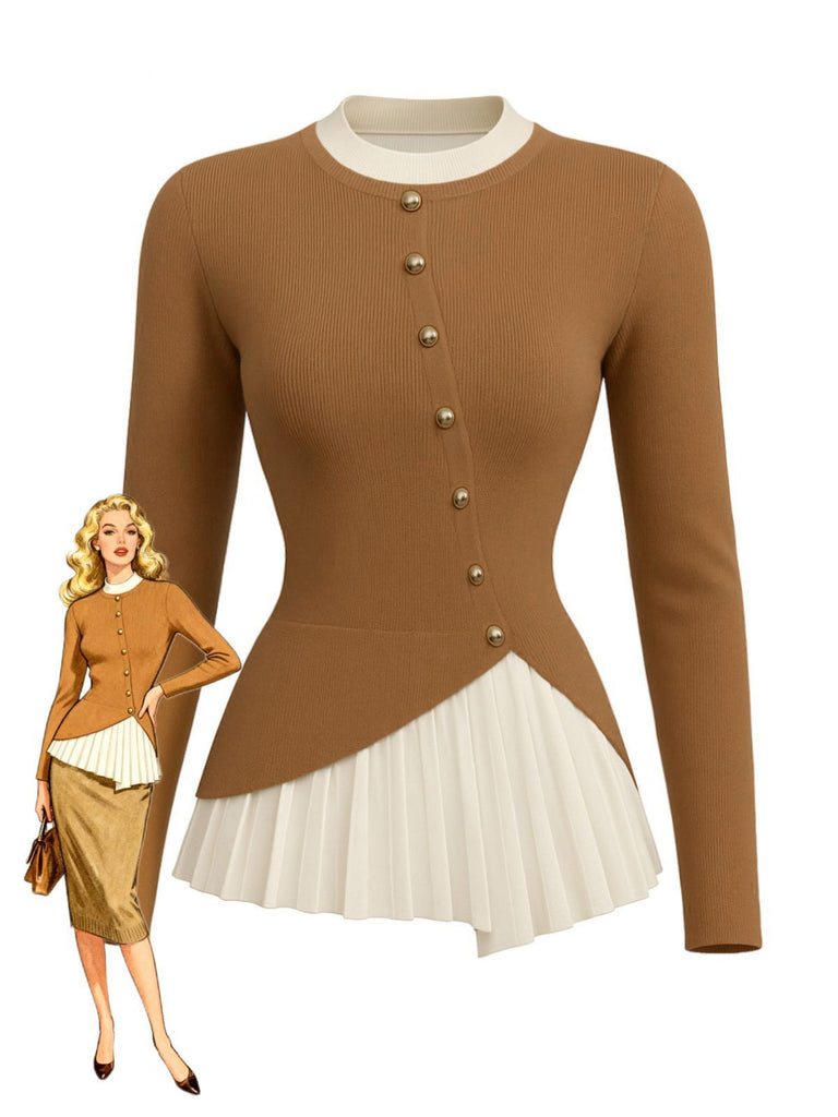 Brown 1970s Irregular Button Patchwork Knit Top - vintage fashion, retro style