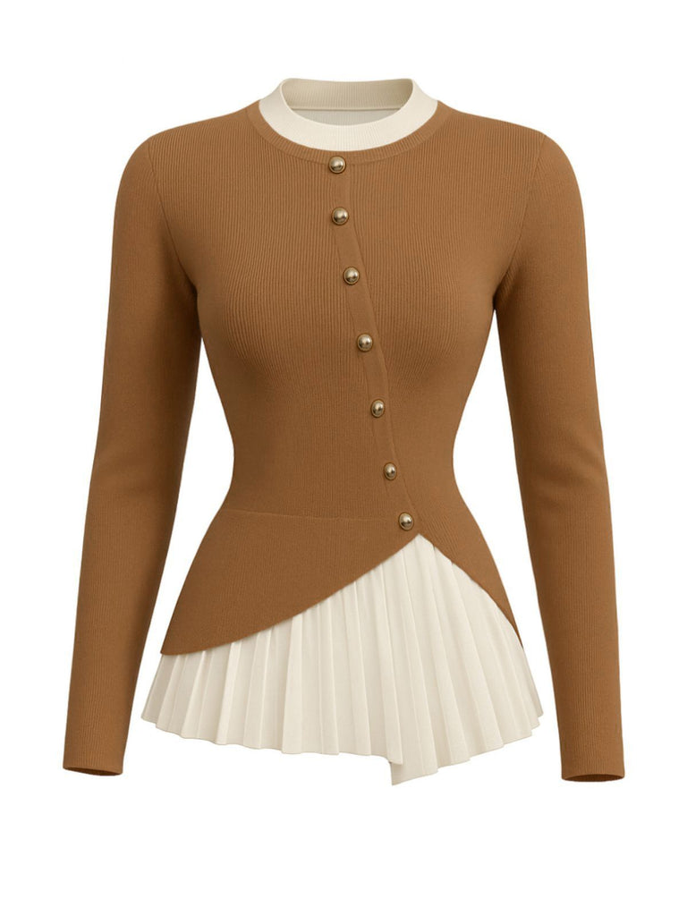 Brown 1970s Irregular Button Patchwork Knit Top - vintage fashion, retro style