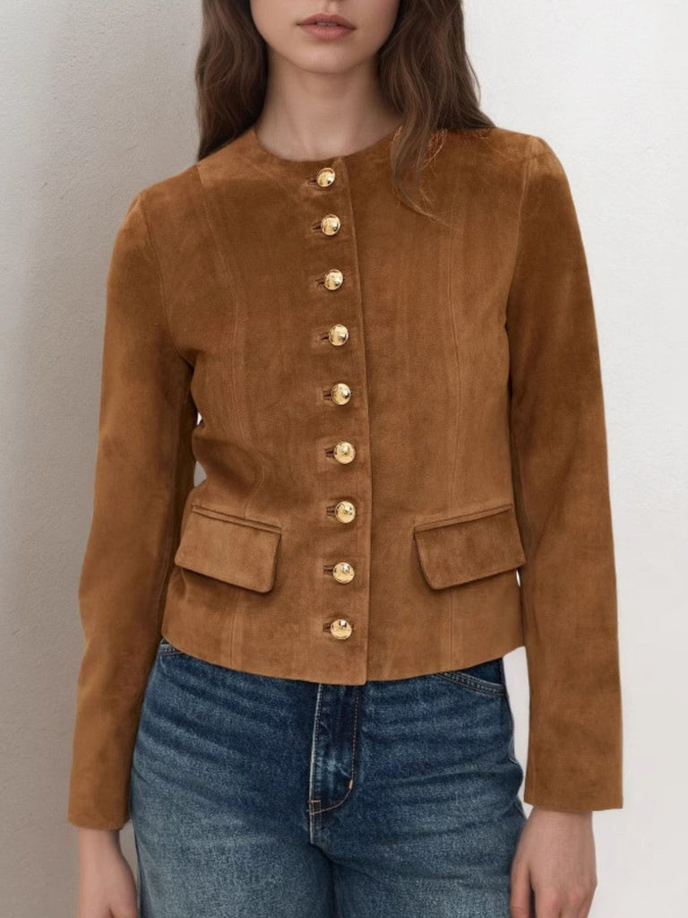 Brown 1970s Suede Button Pocket Jacket - vintage fashion, retro style