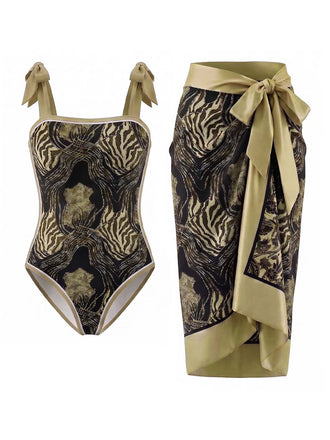 [Pre-Sale] Brown 1970s Zebra Print One-Piece Swimsuit & Cover-Up, vintage swimsuit, pin-up swimwear - perfect for women who love vintage and retro fashion