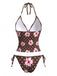 Brown 1980s Floral Polka Dot Halter Bikini Set, vintage swimsuit, pin-up swimwear - perfect for women who love vintage and retro fashion