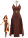 Brown 1980s Halter Sun Print Double Slit Dress, vintage dress, retro fashion - vintage inspired fashion