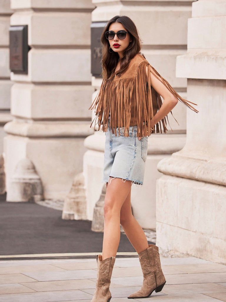 Brown 1980s Western Fringe Cowgirl Vest - vintage fashion, retro style