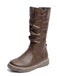 She finds her vintage story in this Brown Leather Stacked Pleated Flat Boots