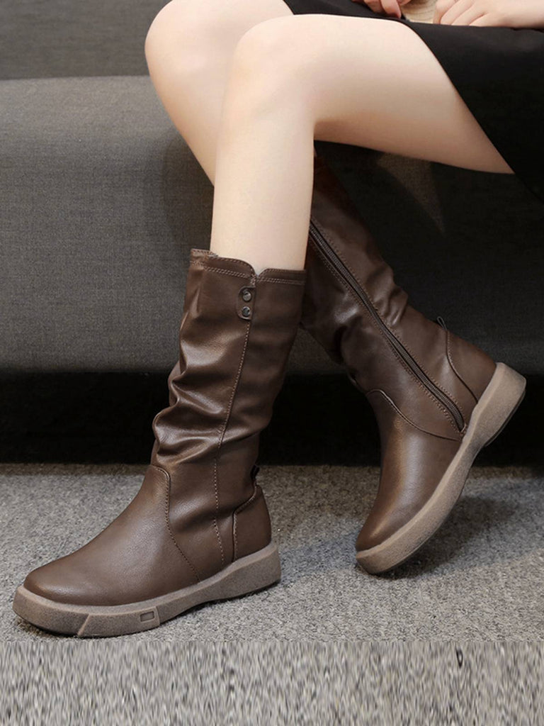 Brown Leather Stacked Pleated Flat Boots: timeless vintage elegance she makes her own