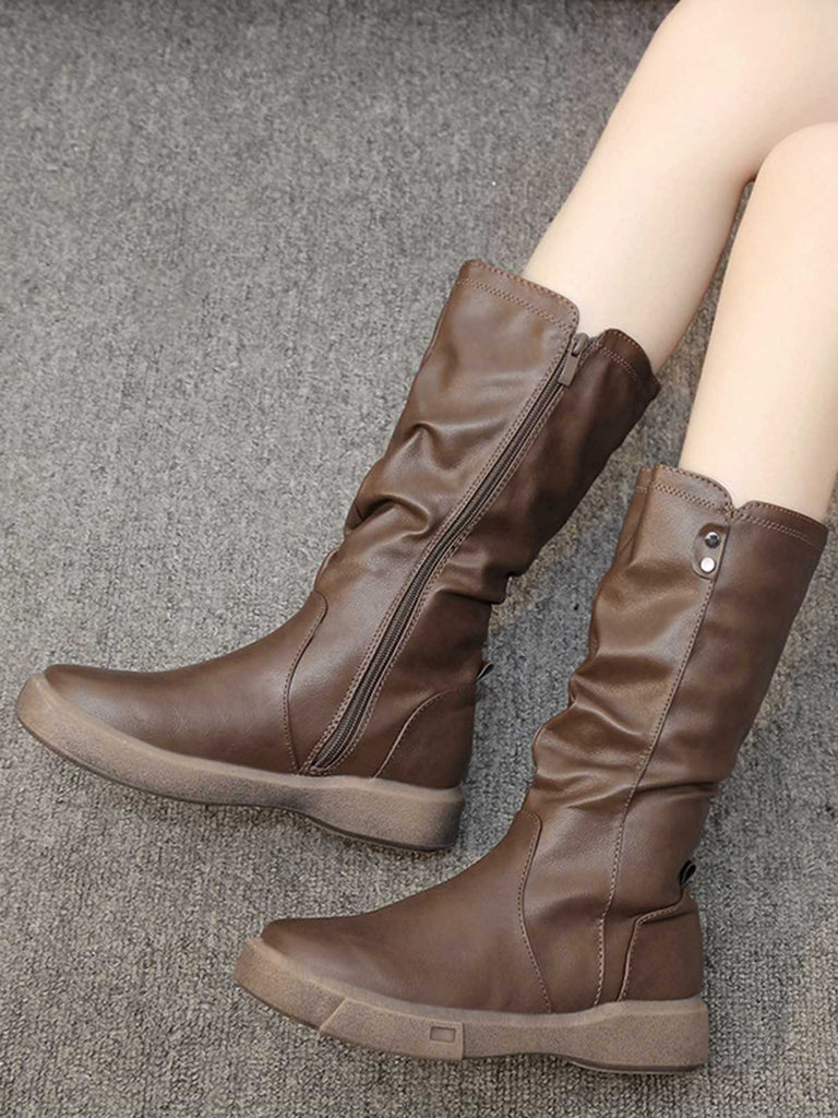 This Brown Leather Stacked Pleated Flat Boots whispers vintage secrets to those who notice